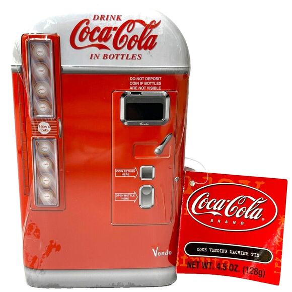 Coca-Cola Vending Machine Tin Box Red Vendo Style Hinged Door w/ Tag Vintage - Picture 1 of 12